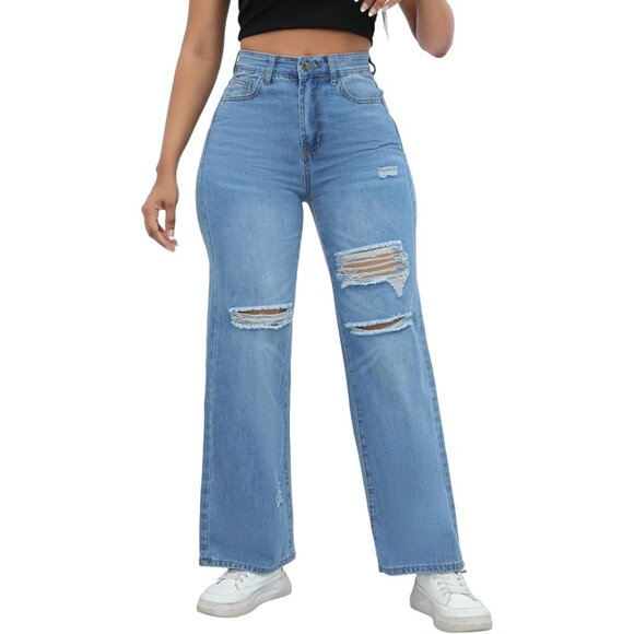 Women's High Waisted Wide Leg Denim Jeans Stretchy Ripped Casual Pants - Picture 3 of 9